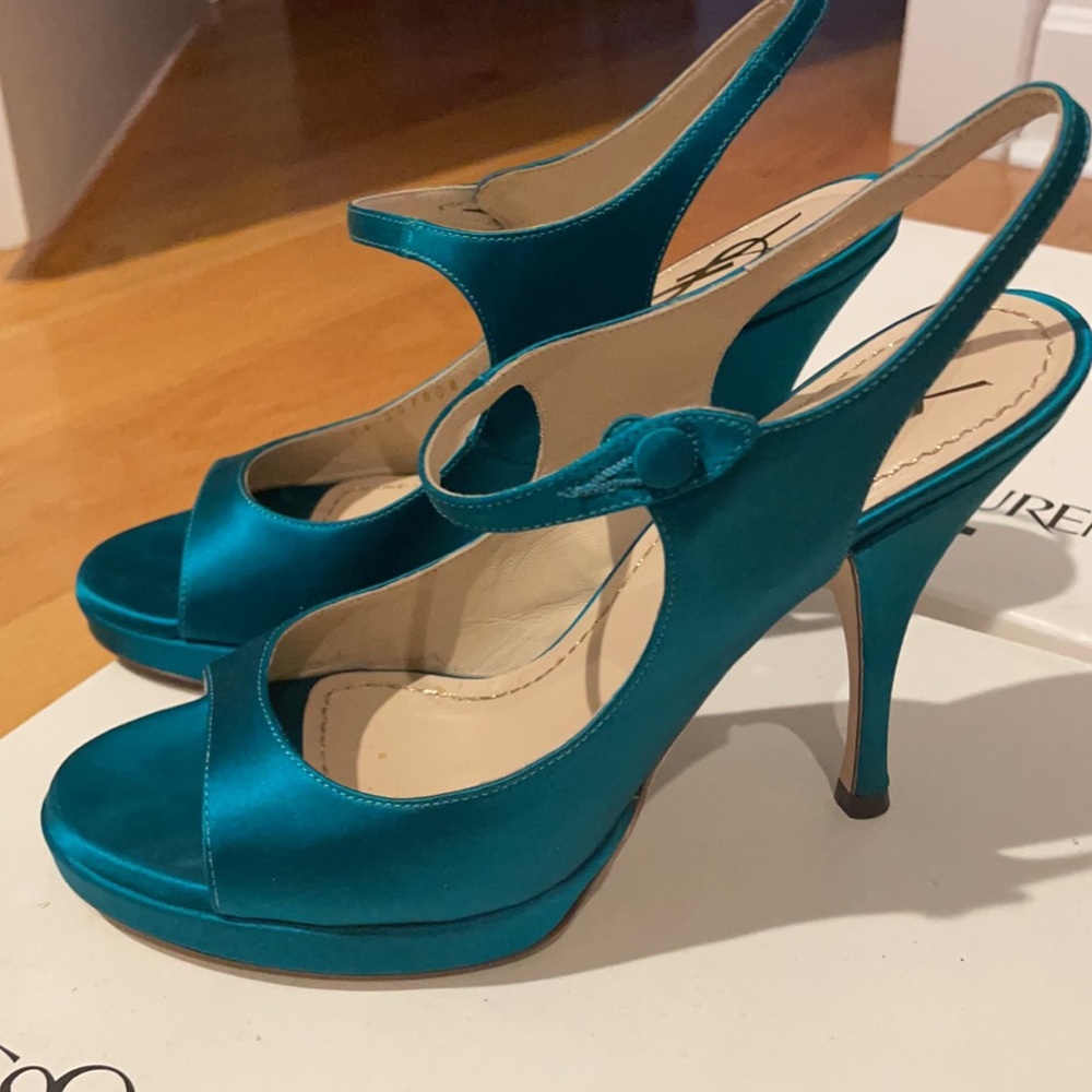 Yves Saint Laurent - Teal satin Tribute sandals. Sz 6 - Picture 3 of 7